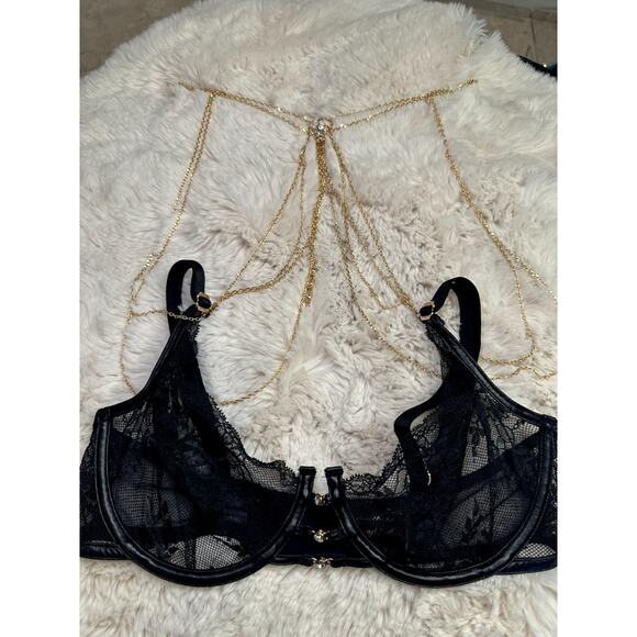 Honey Birdette MAKARA🖤 Black Gold Chain Lace Floral Bra 32DD - Picture 2 of 7